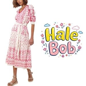 Hale Bob pink and white Logan Embroidered Midi Dress Size Medium